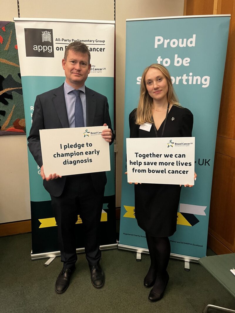 Justin Madders MP with Laura Coveney, policy and influencing manager at Bowel Cancer UK