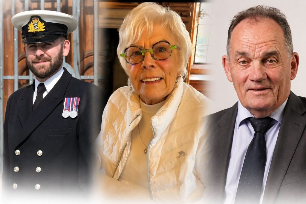 Left to right, Josh McDermott MBE, Frances Blackburne BEM and Peter Wheeler OBE.