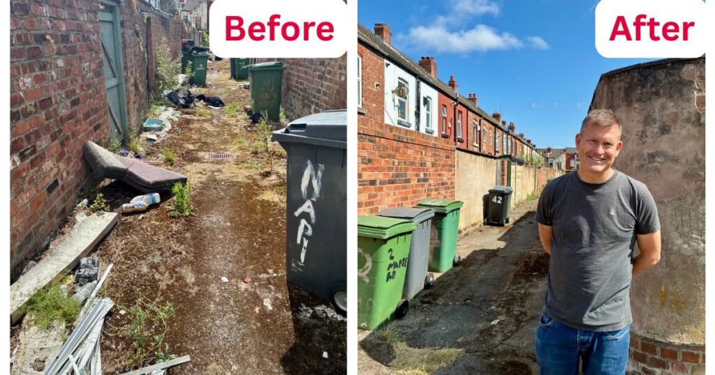 Before and after photos showing fly-tipped rubbish cleared from an alleyway in New Ferry following reports from residents and my office.