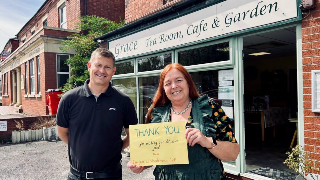 Justin Madders MP with Lizzie Jewkes, owner of Grace Tea Room.