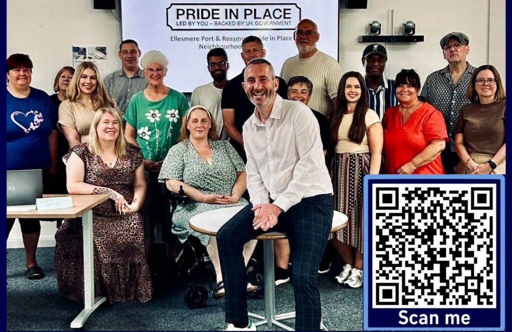 The Pride in Place Neighbourhood Board, with a scannable QR code for the survey.